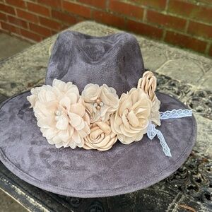 Custom made floral and rhinestone hat. Size medium gray w/ blush ribbon